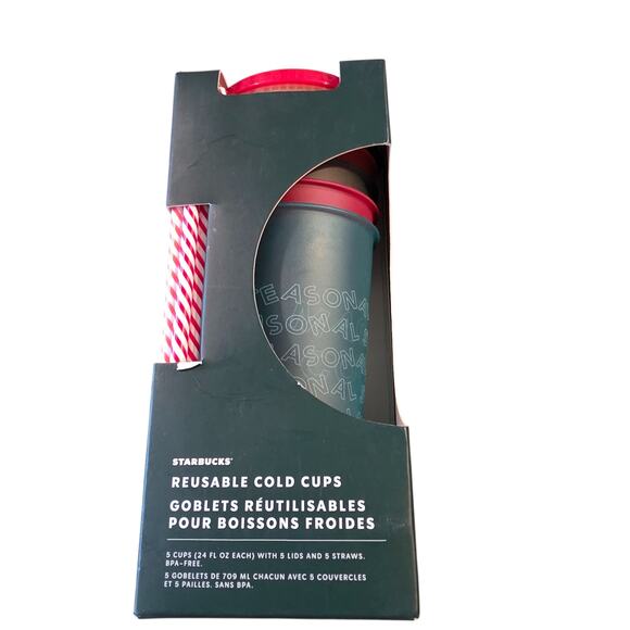Starbucks Set of 5 Christmas Holiday Theme Cold Cups 24 oz Lids and Straws NEW - Picture 1 of 2